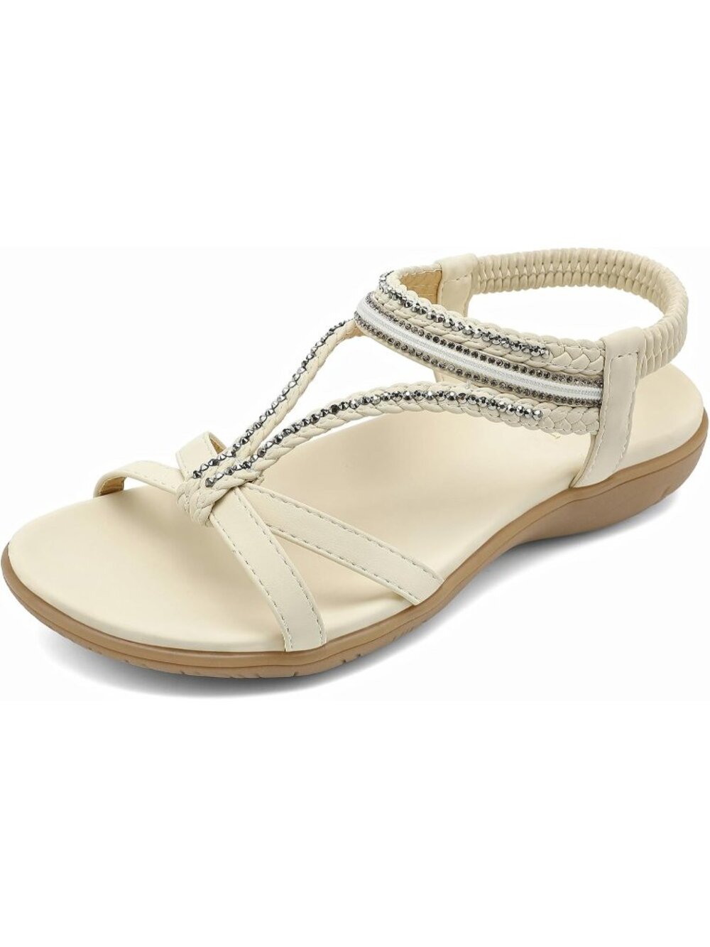 Women's All White Flat Sandals With Back Strap Summer Beach Comfortable Bling